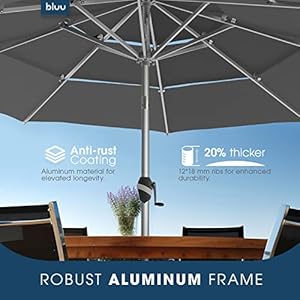 Bluu 9 ft 3 tiers aluminum outdoor patio umbrella 5 year fade resistant outdoor market table umbrella with push button tilt for pool deck garden and lawn dark grey  urban country home decor