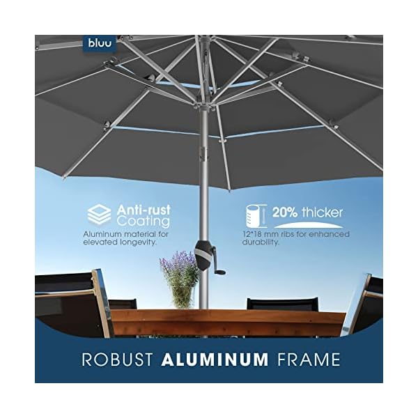 Bluu 9 ft 3 tiers aluminum outdoor patio umbrella 5 year fade resistant outdoor market table umbrella with push button tilt for pool deck garden and lawn dark grey  urban country home decor