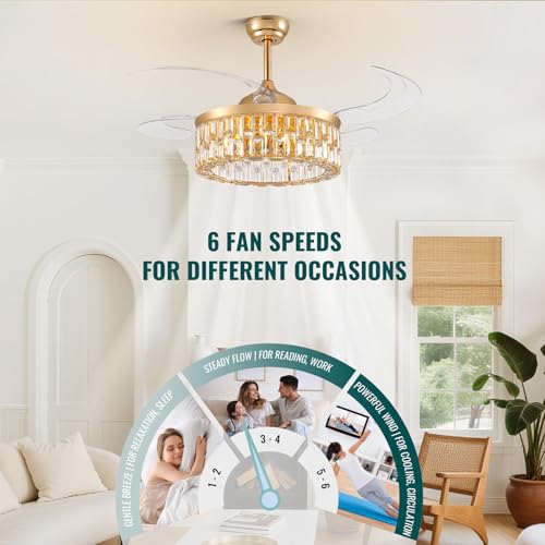 Image of Siljoy 48'' Modern Gold Caged Crystal Ceiling Fan with Lights and Remote