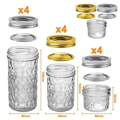 Mason Jars Canning Jars, 12 Pack Glass Jars Jelly Jars With Regular Lids, Ideal For Jam, Honey, Wedding Favors, Shower Favors, Baby Foods, Diy Magnetic Spice Jars - 4 Oz X 4, 8 Oz X 4, 12 Oz X 4 #TOP1