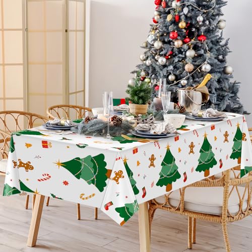 Image of Hxezoc 3 Pack Disposable Plastic Christmas Tree Tablecloth, 54 x 108 Inches Christmas Party Table Cover for Xmas Winter Holiday New Year Home Dinner Decorations