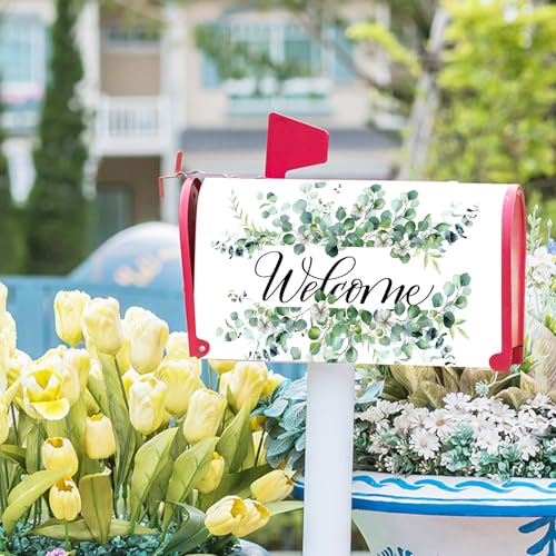 Image of Welcome Spring Summer Mailbox Covers Magnetic- Standard Size 21x18 Inch- Sage Green Eucalyptus Leaves Wreath Mailbox Wrap Letter Post Cover Decoration for Yard Garden Outdoor Home
