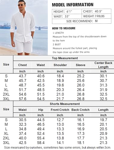 COOFANDY Leinen-Sets für Herren, 2-teiliges Button-Down-Hemd, langärmelig, lässig, Strand, Kordelzug, Taille, Shorts, Sommer-Outfits, A-weiß, X-Large