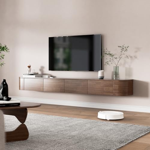 HYANXUE Schwimmende TV-Einheit, montierter Ständer mit Klapptüren und Seitentür, Aufbewahrungs-Bank unter dem Fernseher für Schlafzimmer, Wohnzimmer (Braun + LED, 180 cm) – Bild 3