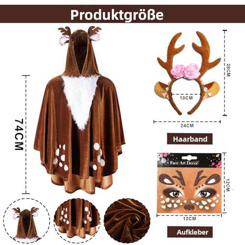 Deer Costume Ladies with Antlers Headband Tattoo Socks Reindeer Costume Adults Ladies Women Bambi Costume Ladies Carnival Costume Ladies Deer Poncho Cloak Fawn Deer Costume Ladies for Carnival