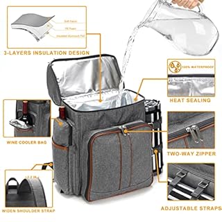 Picnic Backpack for 4, Picnic Basket Set, Leakproof Picnic Bag, Beach Cooler Backpack with Insulated Cooler Wine Pouch,Picnic Blanket, Double Deck Picnic Backpack for Beach,Camping,Park(Grey)