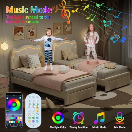 Image of Velvet Upholstered Princess Bed Frame with RGB LED Smart Light, Adjustable Bear Headboard, Wooden Slat Support, No Box Spring Needed, Noise-Free, Easy Assembly, Twin Size for Kids,Twin Beige