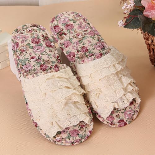 Floral Print Lace Slippers for Women Comfortable Washable Breathable Soft Cotton Indoor Slide Slip on Open Toe Home Shoes3