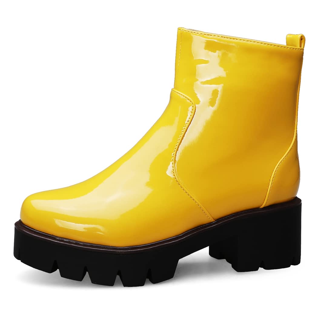 KUUTGGWomen's Fashion Dressy Ankle Boots Patent Leather Round Toe Platform  Zip Chunky Mid Heel Short Booties