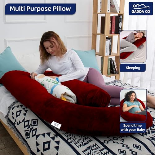 Image of GADDA CO Pregnancy Pillows for Sleeping J-Shape Full Body Pillow and Maternity Support - for Back, HIPS, Legs, Belly for Pregnant Women with Removable Washable Velvet Cover (Maroon)