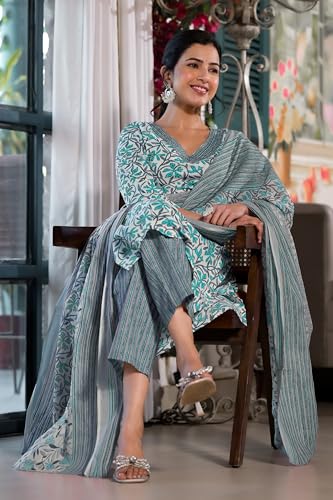 Image of MIRCHI FASHION Women's Straight Fit Pure Cotton Jaipuri Floral Printed Sequins Thread Work Kurta Set with Dupatta and Trouser