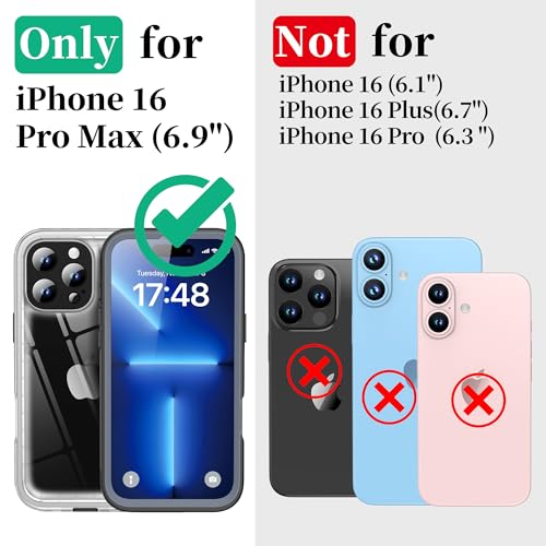 Cozycase TOP Shockproof IP68 Waterproof Case for iPhone 16 Pro Max Heavy Duty 360 Full Body &Screen Camera Protector Front Back Cover Dustproof Hard 16 ProMax Tough Protective Case Black/Frosted Clear - Image 2