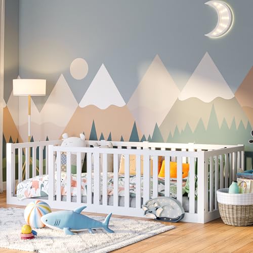 Bellabino Tapi Bett 90x200 cm, Kinderbett mit extra hohem Rausfallschutz, inklusive Lattenrost, Montessori Bodenbett für Jungen und Mädchen aus Kiefer Massivholz, weiß lackiert, Bed