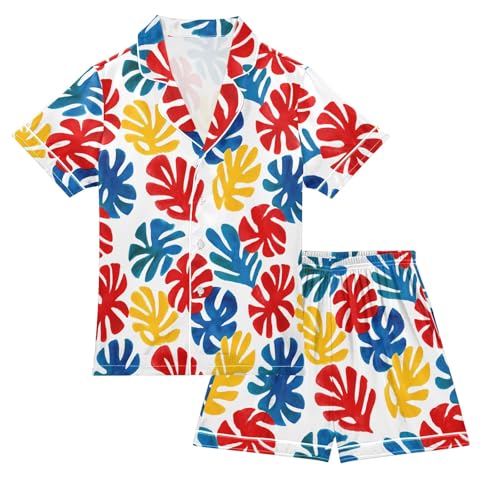 Monstera Leaf Cartoon Prints Summer Satin Pajama Set, Cute Button-Down Sleepwear Pj Set for Sleep Wears
