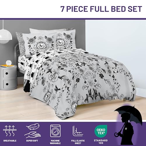 Image of Wednesday Addams Full Size Comforter Set 7 Piece Floral Bedding, Gray