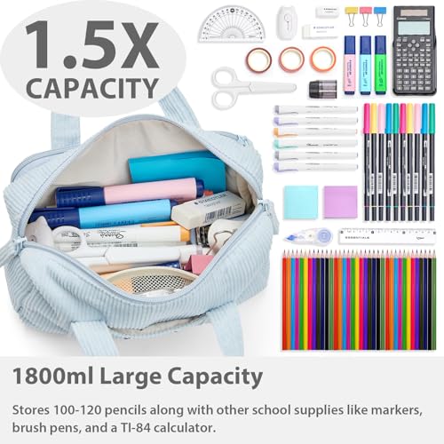 Image of SPACEMATE Pencil Case Pouch Box Bag School Supplies Girls Boys Kids, Cute Preppy Stuff Large Big Capacity Aesthetic Pen Organizer, Back to College Stationary, Baby Blue, Corduroy Style, 1800ml