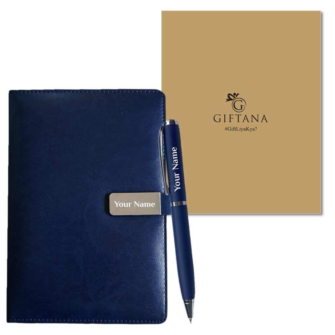 Giftana Personalized Diary with Pen Gift Set for Men and Women, 2 in 1 Customized Leather Notebook Diaries with Pen Set for Husband, Father, New Year Gifts, Corporate Gifts for Employee (Blue)