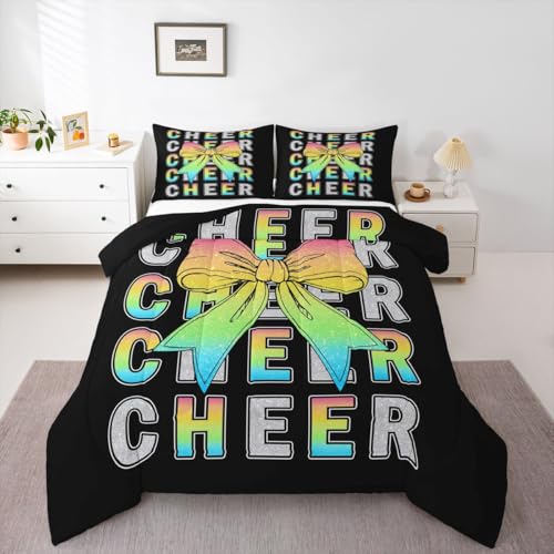 Image of Feelyou Colorful Cheer Bow Kids Comforter Set Toddler Size Glitter Cheerleader Bedding Set Cheerleading Duvet Quilt for Kids Boys Girls Bedroom Sport Decor Microfiber Ultra Soft Breathable