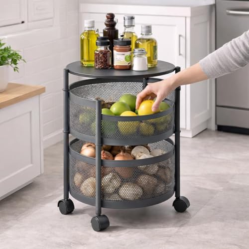 Image of HomeWiz 2-Layer Round Kitchen Trolley | Movable Storage Organizer for Fruits & Vegetables | Perforated Mesh Baskets with Solid Flat Top | Multipurpose Rack for Onion & Potato | Rust-Resistant | Black