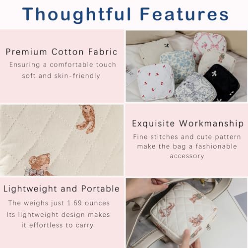 uekeboag Small Quilted Cotton Makeup Bag for Purse, Cosmetic Bag with Compartments, Cotton Aesthetic Makeup Bag, Travel Toiletry Pouch, Key Pocket Lipstick Bag Card Holder Data Cable Organizer（01White Bear） 7ounces