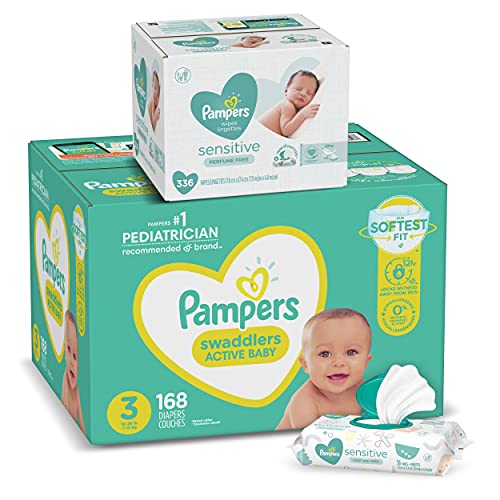 Diapers Size 3, 168 Count and Baby Wipes - Pampers Swaddlers Disposable Baby Diapers and Water Baby Wipes Sensitive Pop-Top Packs, 336 Count (Packaging May Vary)