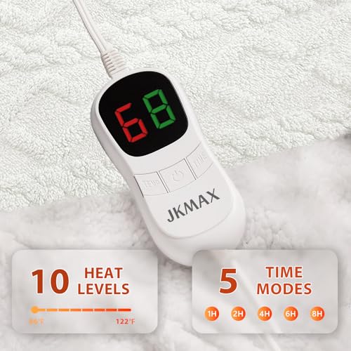 JKMAX Heated Electric Blanket Queen Size-84"x90" Heating Blanket with 10 Heating Levels & 5 Time Settings Over-Heat Protection,Winter Warmer for Adults with ETL Certification(Cream)