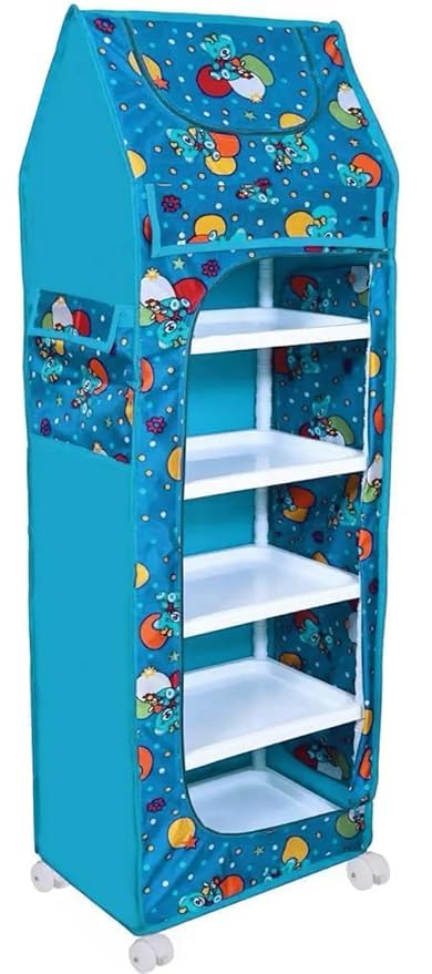 Image of HYSEYY Baby Wardrobe Plastic Kids Storage Rack with Fabric Cover & Wheels | 6-Tier Plastic Shelves Organizer | Toy, Book & Clothes Storage Cabinet for Kids Room (Turquise)