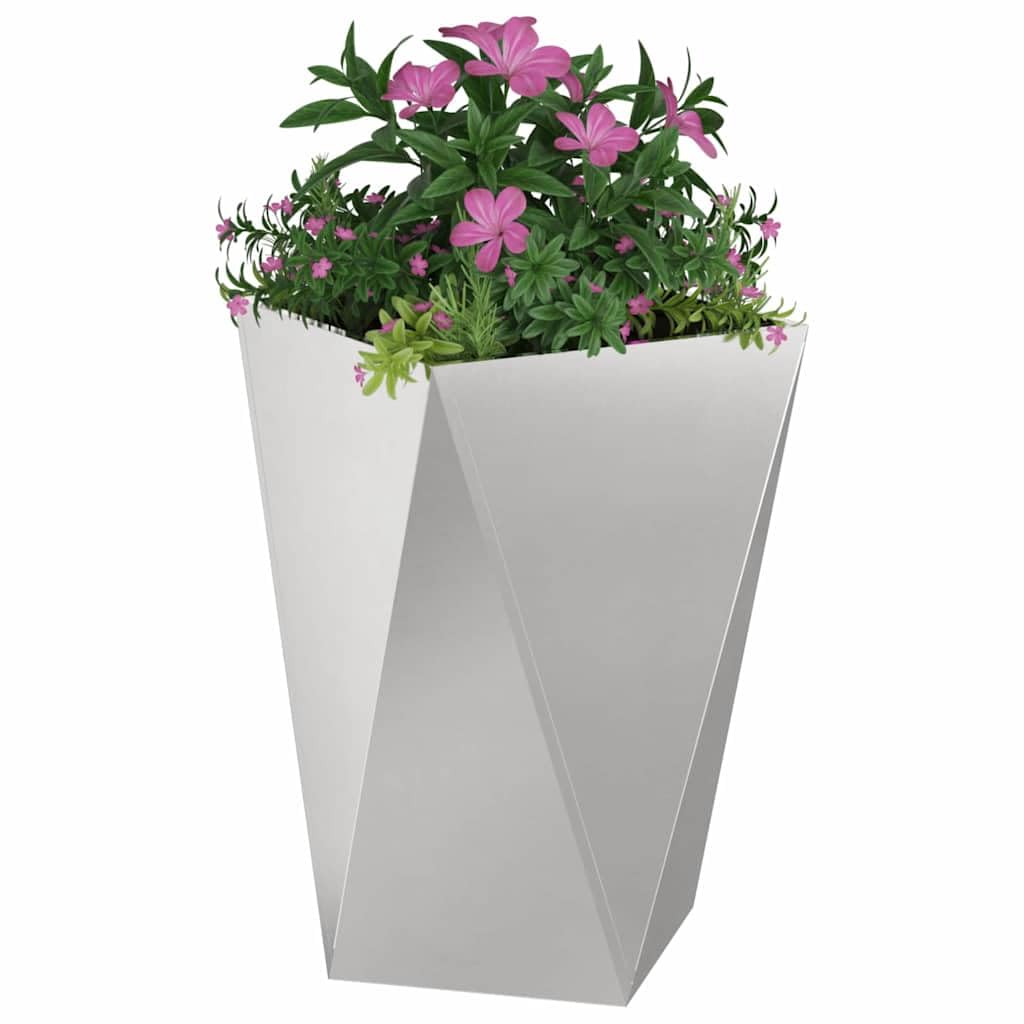Modern Rectangular Steel Planter Box 50 x 50 x 75 cm Silver Outdoor Garden Patio Decor for Plants Shrubs Herbs, Durable Stainless Metal Flower Pot with Textured Sides, Easy Assembly