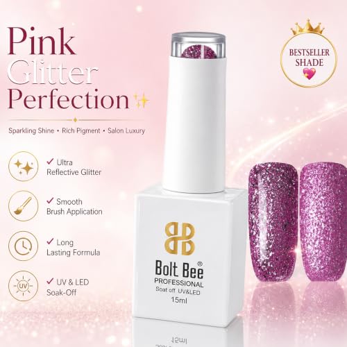 Image of BOLT BEE 15ML Gel Nail Polish 1Pc Clear Pink Glitter Nail Polish Soak Off UV LED Nail Gel Polish Nail Art Starter Manicure Salon DIY at Home, 0.5 OZ (1) (64)