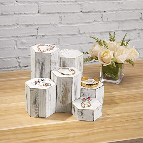 MyGift Whitewashed Wood Hexagonal Jewelry Display Risers, Set of 6
