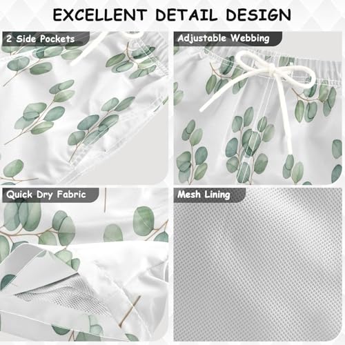 Boys Short Swim Trunks, Anti Chafe Swim Trunks Boys 2 T, Watercolor Branches Green Leaves White3