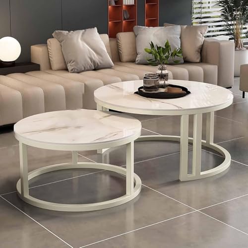 LOADFUN ネストテーブル ラウンドコーヒーテーブル 丸型 ローテーブル おしゃれ モダン 北欧 インテリア サイドテーブル センターテーブル 強化ガラス天板 大理石調 収納便利 組み合わせ リビング ダイニング 寝室 コンパクト 小型アパート対応 滑