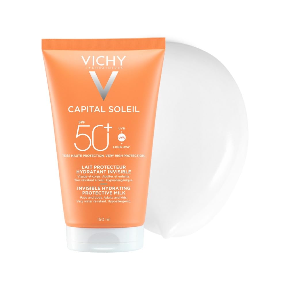 Vichy Capital Soleil, Latte Idratante Fresco SPF50+, Per Viso e Corpo, Protezione Molto Alta SPF50+ da Raggi UVA e UVB, Pelle Idratata Senza Aloni Bianchi, Con Acqua Vulcanica di Vichy, 150ml
