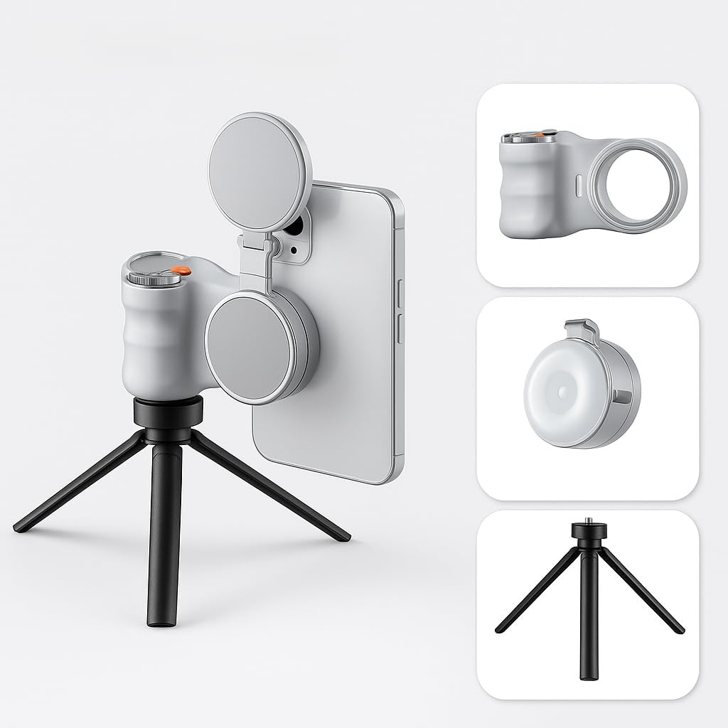 Magnetic Phone Camera Grip + Magnetic Selfie Light + Aluminum Alloy Tripod - Bundle - Compatible with iPhone Magsafe & Android