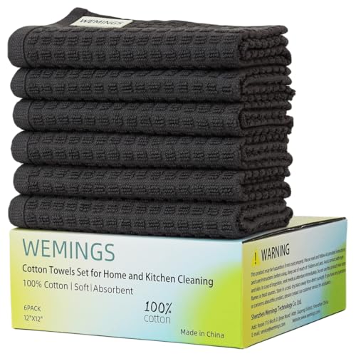 WEMINGS Cotton Dishcloths Set for Home and Kitchen Cleaning- 12x12 Inches Pack of 6- Dish Cloths,Dish Towels,Dish Rags - with Hanging Loop - 100% Cotton,Soft,Absorbent (Grey, 6)