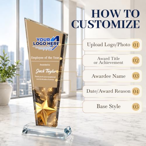 Image of Custom Crystal Trophy Award Personalized Plaque Award with Text Logo Photo Awards Trophies for Employee Recognition Team Graduation Personalized Office Gifts for Boss Coworker Teacher