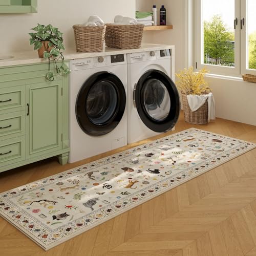 Runner Rug for Kitchen Non Slip 2'x6' Washable Rugs with Rubber Backing Soft Floral Animal Cat Carpet for Kitchen Laundry Bedroom Bathroom, Beige