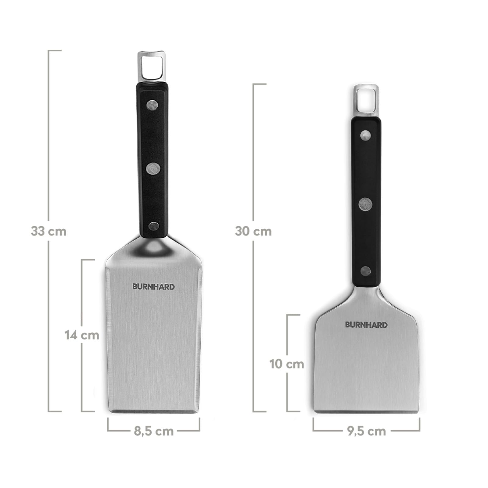 Spatola per barbecue BURNHARD® in acciaio inox, set 2 pezzi, maneggevolezza ottimale, controllo massimo, design ergonomico, versatile – set spatola e raschietto per griglia