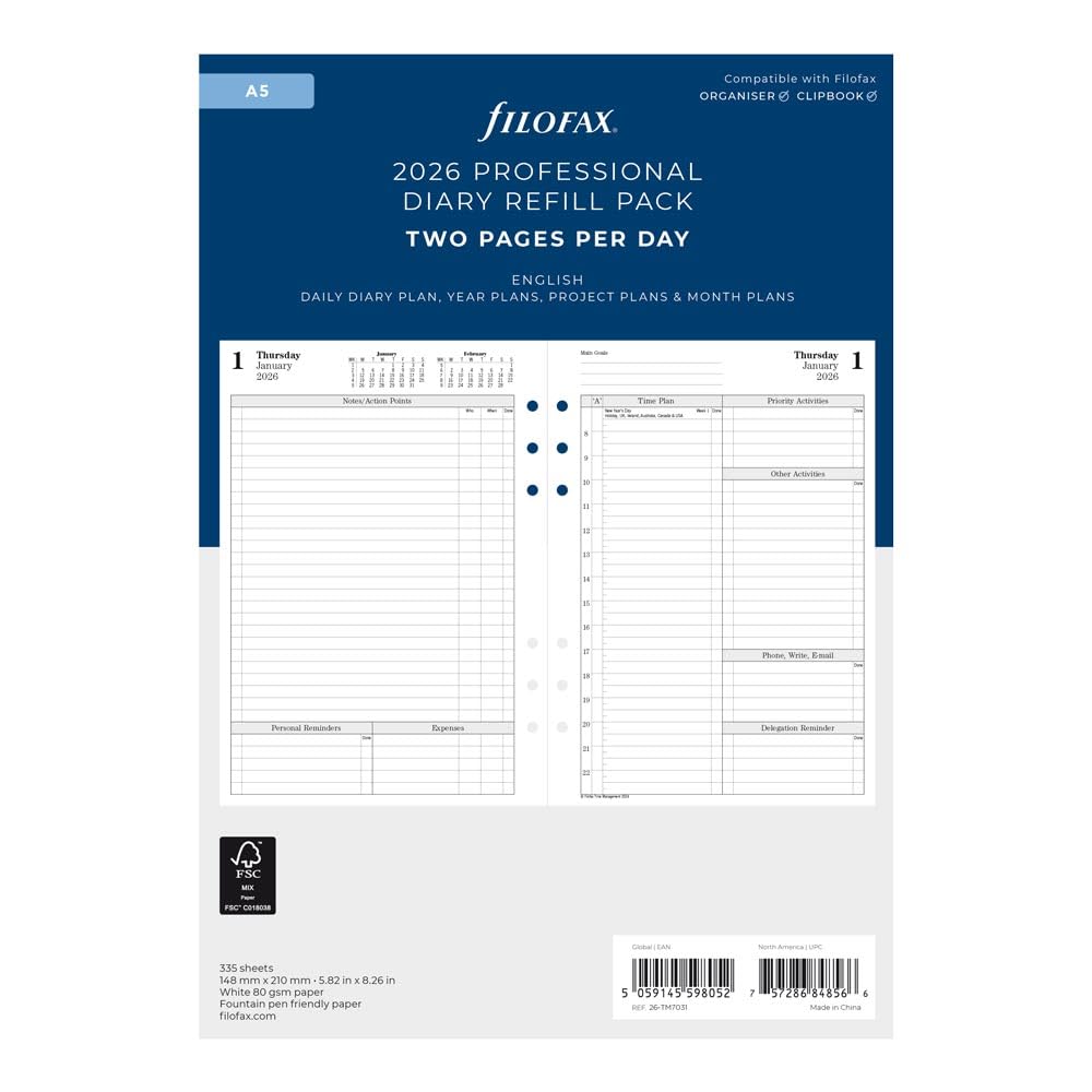 Filofax Ricarica agenda calendario, formato A5, un giorno su due pagine con appuntamenti, gestione del tempo, libro bianco, inglese, 2026 (CTM7031-26)