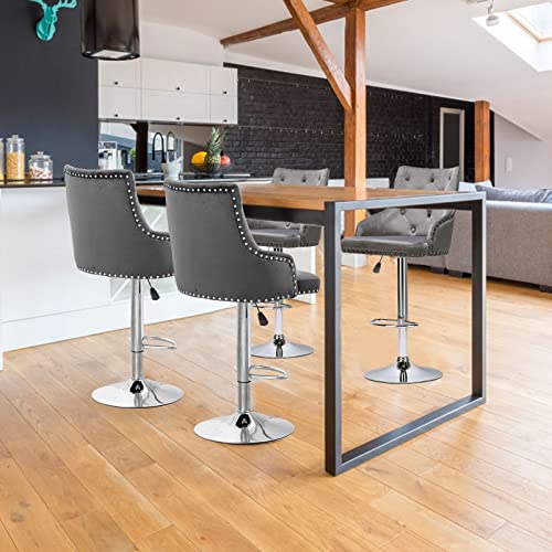 Bar Stool Set Of 2 Velvet Adjustable With Button Tufted Backrest, Counter Height Swivel Chair Upholstered Modern Barstool Chrome Base For Kitchen Island, Home Bar, Dining Room, Dark Grey #TOP6