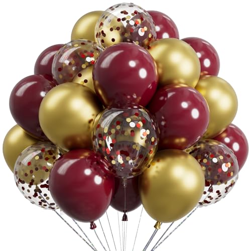 Image of Metallic Burgundy and Gold Balloons 12 Inch 73PCS Gold Maroon Confetti Latex Balloons Shiny Helium Balloon Set for Birthday Party Anniversary Graduation Decorations