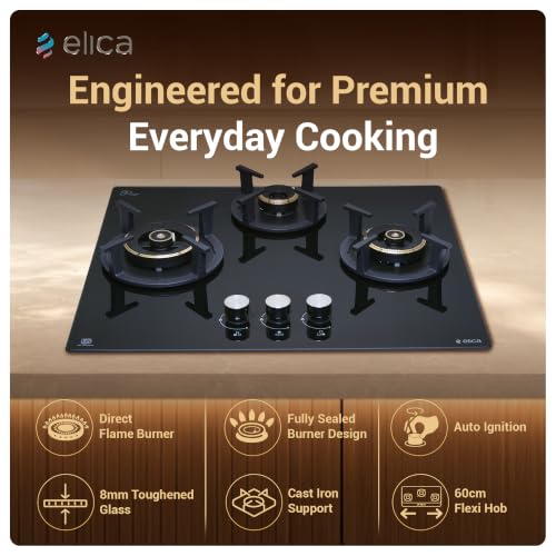 Image of Elica 60 cm 3 Burner Auto Ignition Hob | RG FLEXI DFS AB 3B 60 DX | 8 mm Toughened Glass, Direct Vertical Flame Brass Burners, Fully Sealed Burner Design, 2 Year Comprehensive Warranty