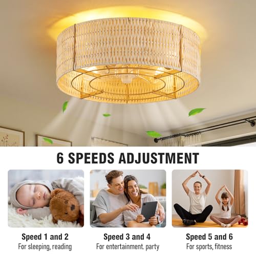 Image of Caged Ceiling Fans with Light,Rattan Flush Mount Ceiling Fan with Light and Remote Control, Boho Fandelier Ceiling Fan 6 Speeds for Bedroom, Living Room, Kitchen, Nursery, Porch