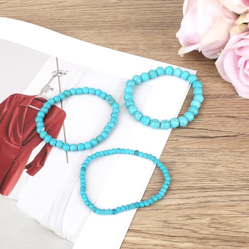 3pcs Turquoise Bracelet, 3 Sizes Turquoise Beaded Bracelet Green Stone Fidget Jewelry Blue Gemstone Elastic Bead Chain for Women Men Friends Coworkers4