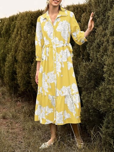 Image of Wenrine Womens Maxi Shirt Dress Floral Long Sleeve Button Down Boho Dresses | 3 /4 sleeve, collared, button, flower, drawstring waist, long bohemian dress,casual fall dresses