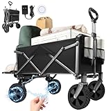 ALIESTFDNO Electric Collapsible Folding Wagon, Assistance Garden Rechargeable Utility Wagon Cart Speed Up To 5KM/H, 300lbs 93L Grocery Cart Remote Control, Portable for Camping Picnic Shopping (Black)