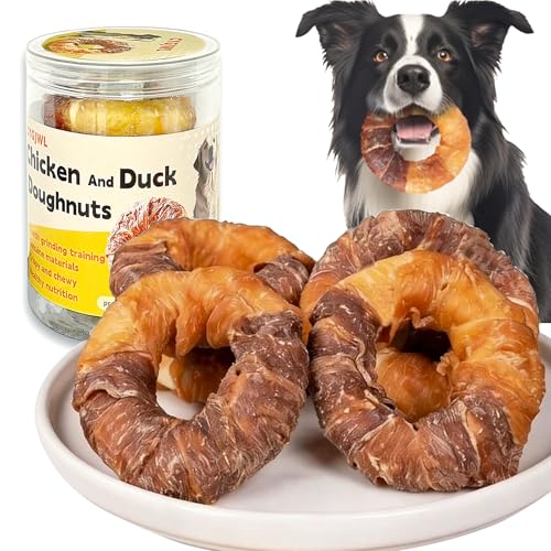 Tortas en forma de donut para perros, donuts de cuero crudo envueltos en pollo y pato, bocadillos esponjosos de larga vida útil (paquete de 4)