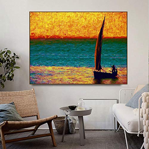 Art abstrait vintage toile pêcheur peinture murale grand format 70x100cm paysage sans cadre