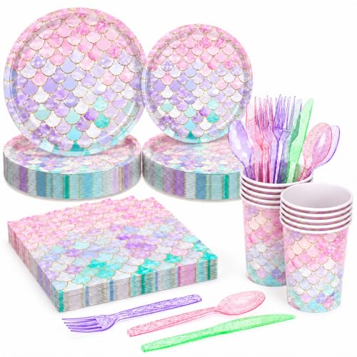 168Pcs Mermaid Birthday Decorations Mermaid Party Supplies Includes Plates Napkins Cups Cutlery for Baby Shower Ocean Birthday Party Decorations Serves 24