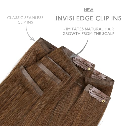Image of WENNALIFE Invisible Edge Seamless Clip in Hair Extensions Real Human Hair | 18'' 130g 7pcs Light Auburn Brown. Ultra-Thin PU Weft, Easy, Comfortable Clip in Luxury Remy Hair Extensions